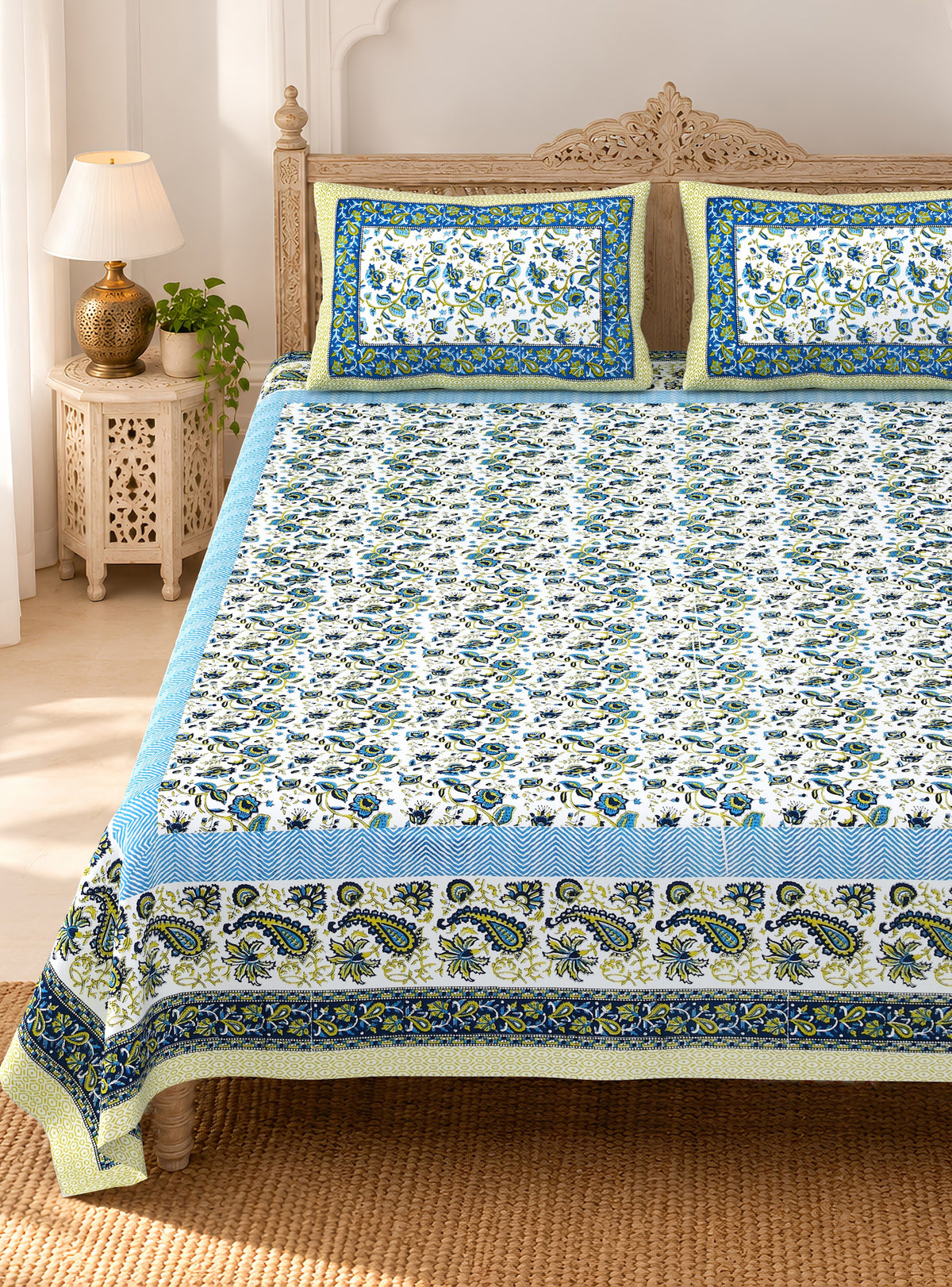 Teal Floral Jaal pure cotton double bedsheet 90x108 – Unnati collection – view 2