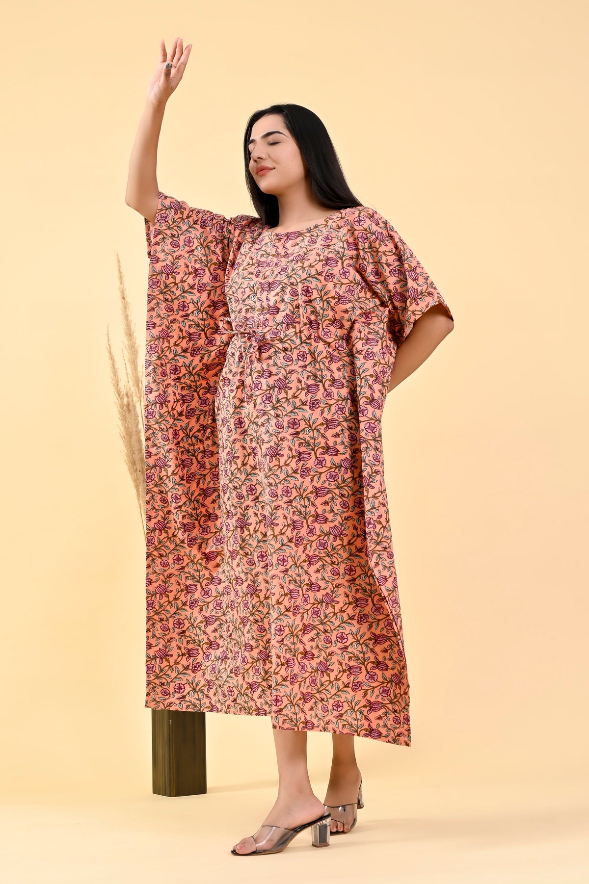 Rust Red Floral long kaftan – make to order wholesale – view 3