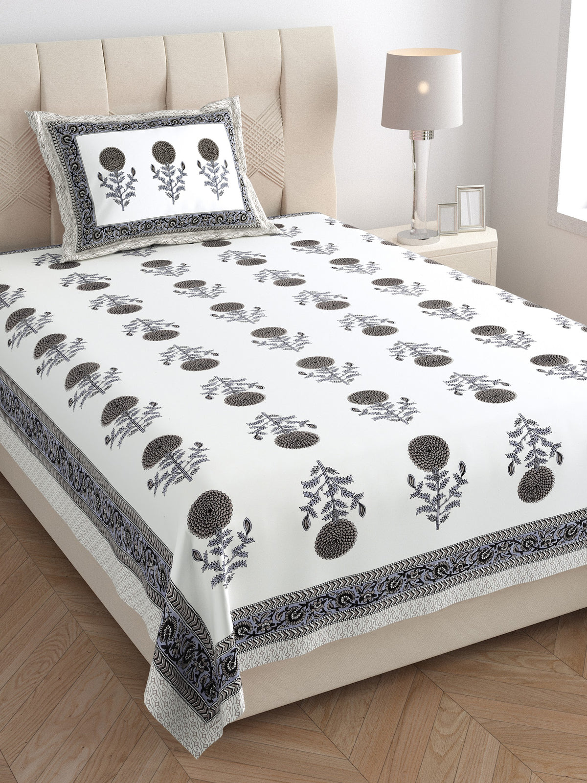 Elora Grey Marigold Buta Murugan Cotton Single Bedsheet 60x90 with 1 Pillow Cover Bedsheet 1IgPHk_YHM_wsC8CCfGiDNdhLSjje5zn4_w2000