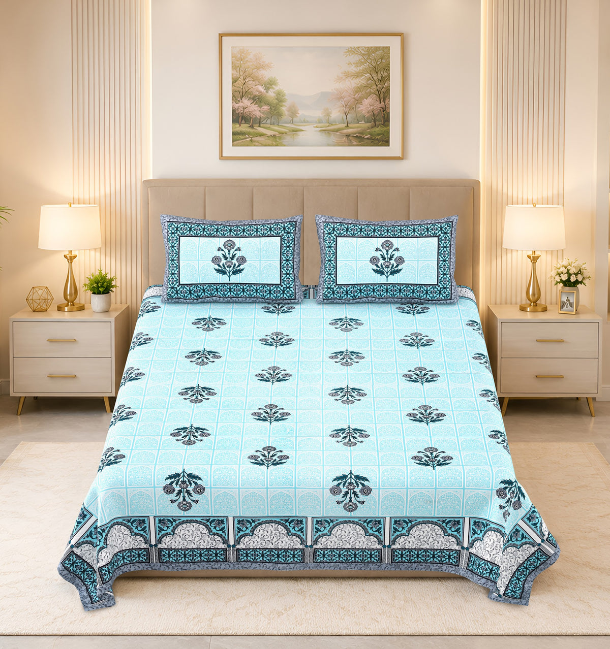 Kalashree Sky Blue Mughal Panel Premium Cotton Double Bedsheet 100x108 with 2 Pillow Covers Bedsheet 1J5iJAZ7VUXDe3_aOheUCsB9CiQZ-M7L4_w2000