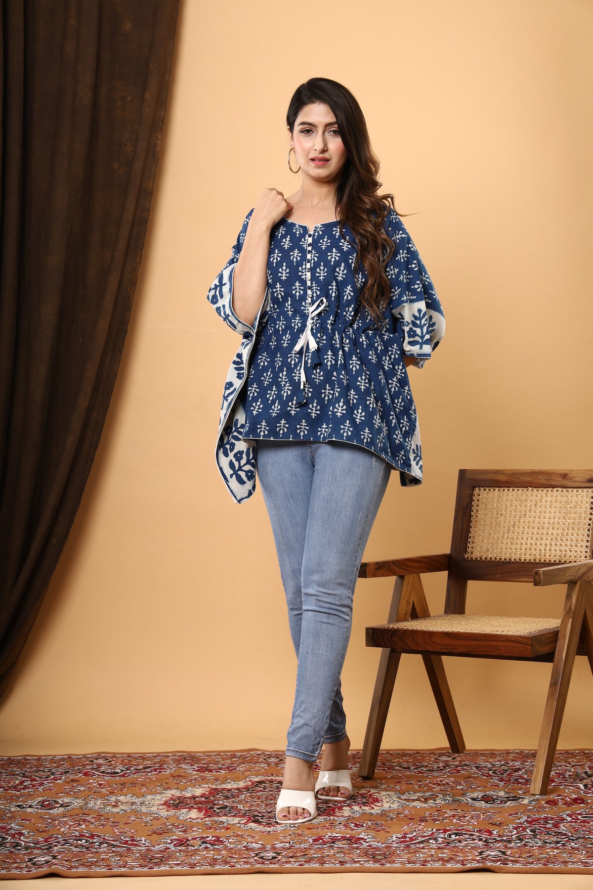 Indigo White Buta short kaftan top – make to order wholesale – view 4