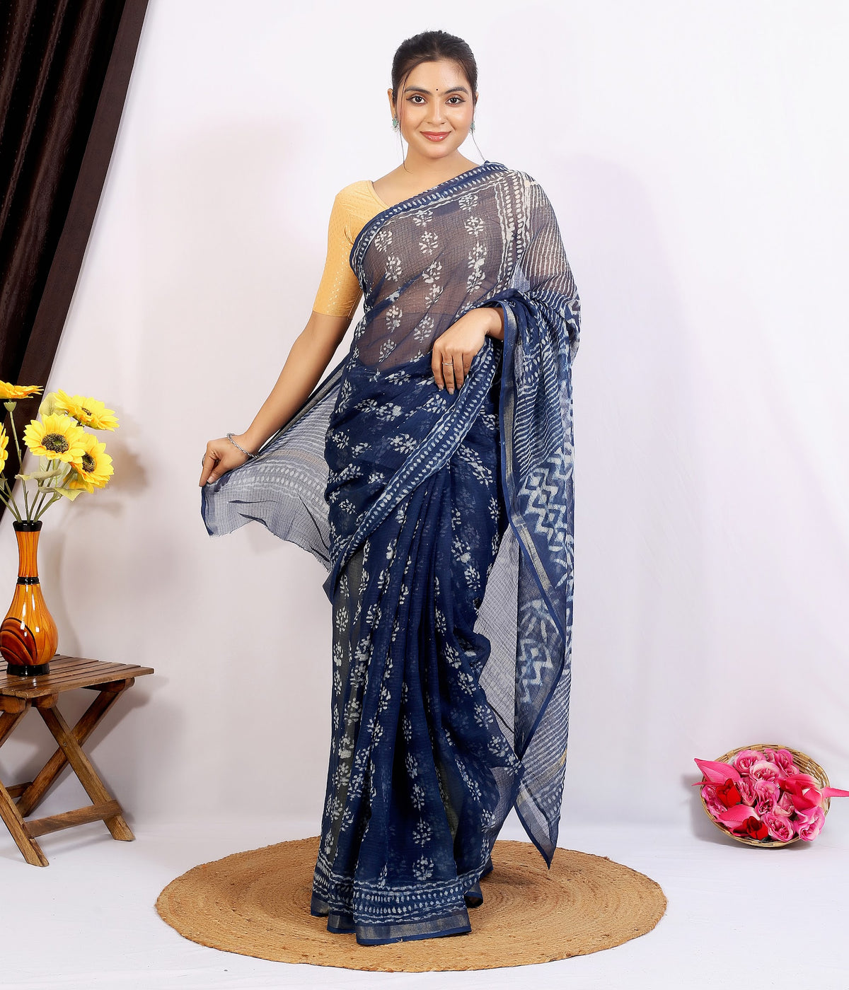 Indigo Phool Stripe Dabu Kota Doria dabu hand block print saree with blouse – indigo blue – wholesale Jaipur