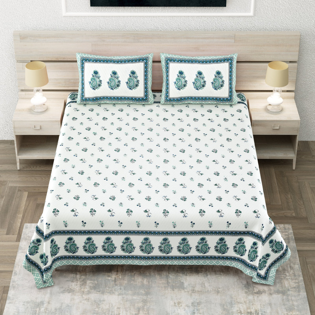 Avantika Teal Buti Kairi Border Cotton Super King Bedsheet With 2 Pillow Covers Bedsheet 1JQsjgW2g6XGnYrgiLErRZKXQ26r2hVry_w2000