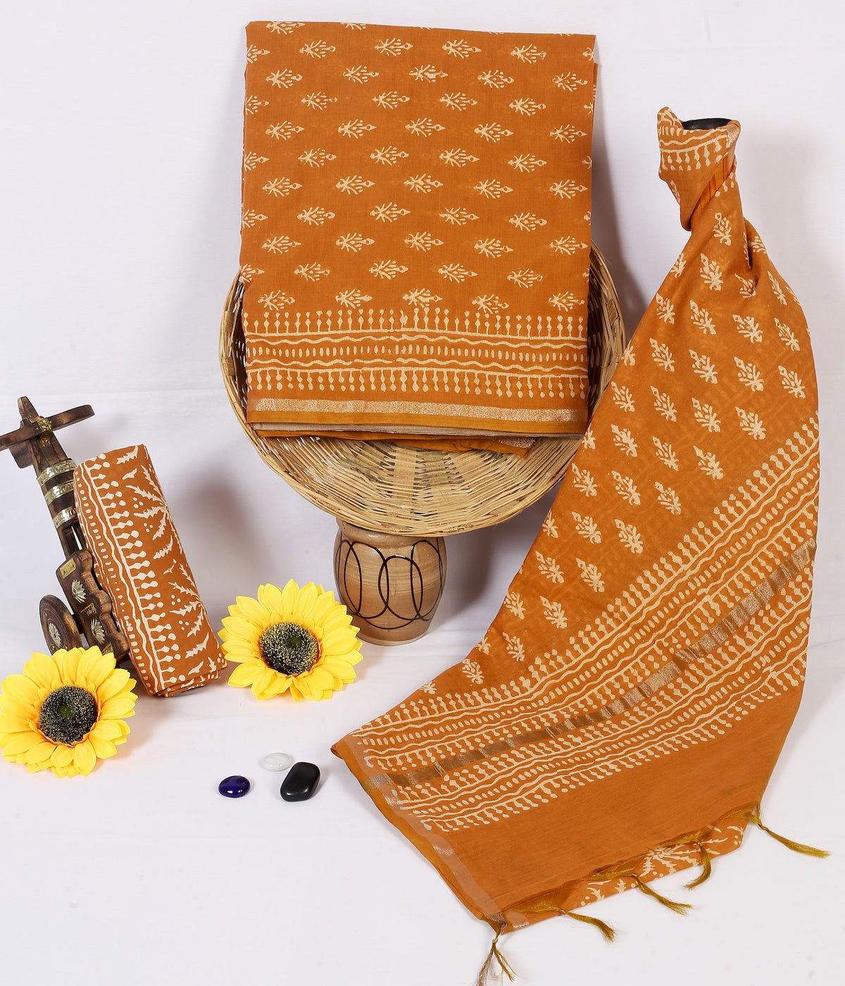 Sarson Buti Mustard Buti Chanderi silk hand block print suit material