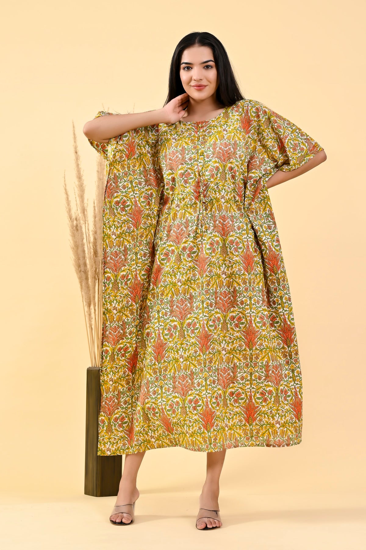 Mustard Multi Floral long kaftan – make to order wholesale