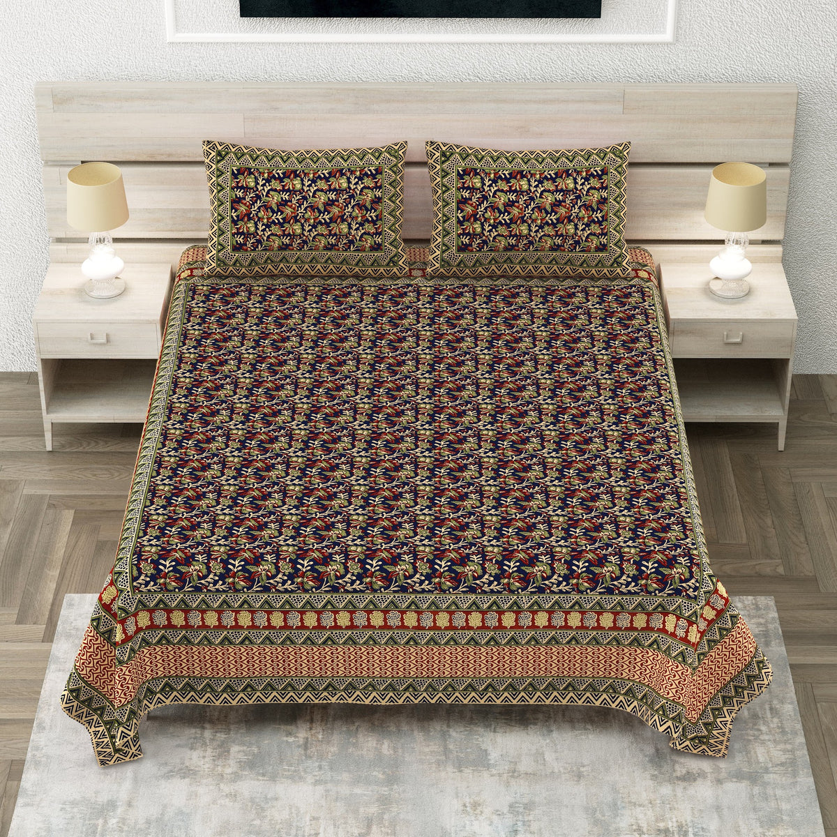 Royal Sanganer Olive Kalamkari Jaal Pure Cotton Double Bedsheet 90x108 with 2 Pillow Covers Bedsheet 1JdxYVx5CF_b9I5opqcozVwz5-wwdOxMK_w2000