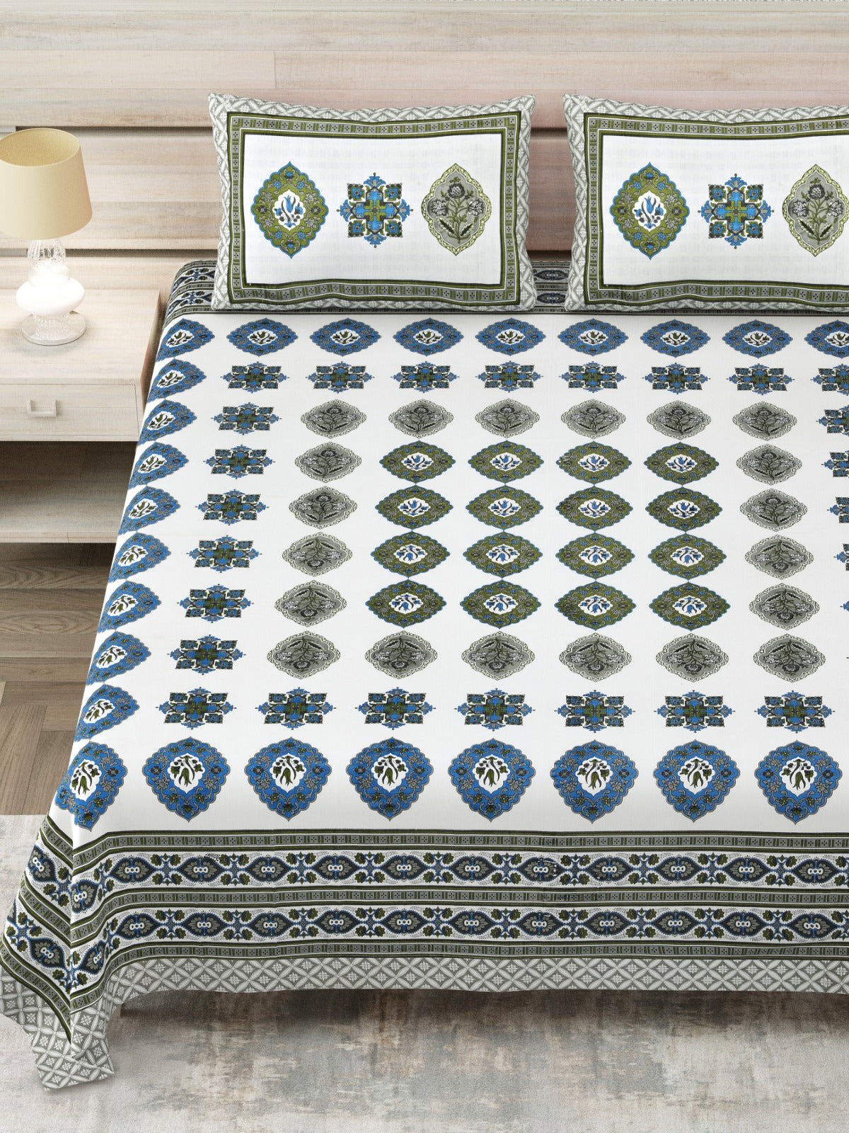 Avantika Navy Green Medallion Cotton King Bedsheet With 2 Pillow Covers Bedsheet 1JfLxiCZqUYENOuYeq_viF4UuPqI3CozU_w2000