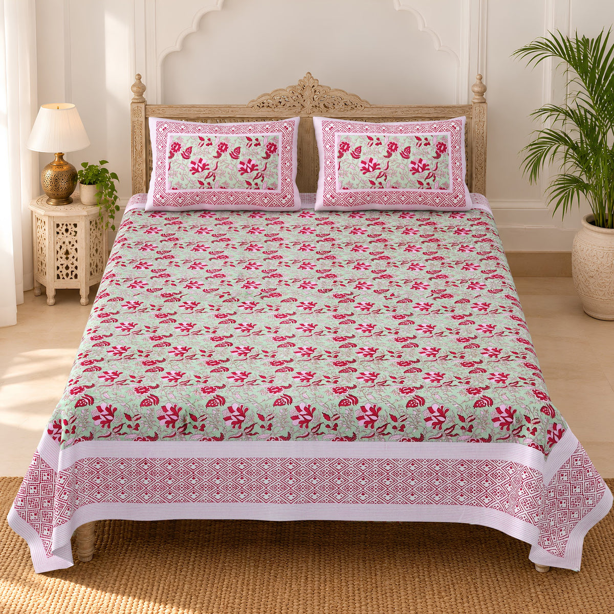 Rani Pink Floral Bel pure cotton double bedsheet 90x108 – Unnati collection