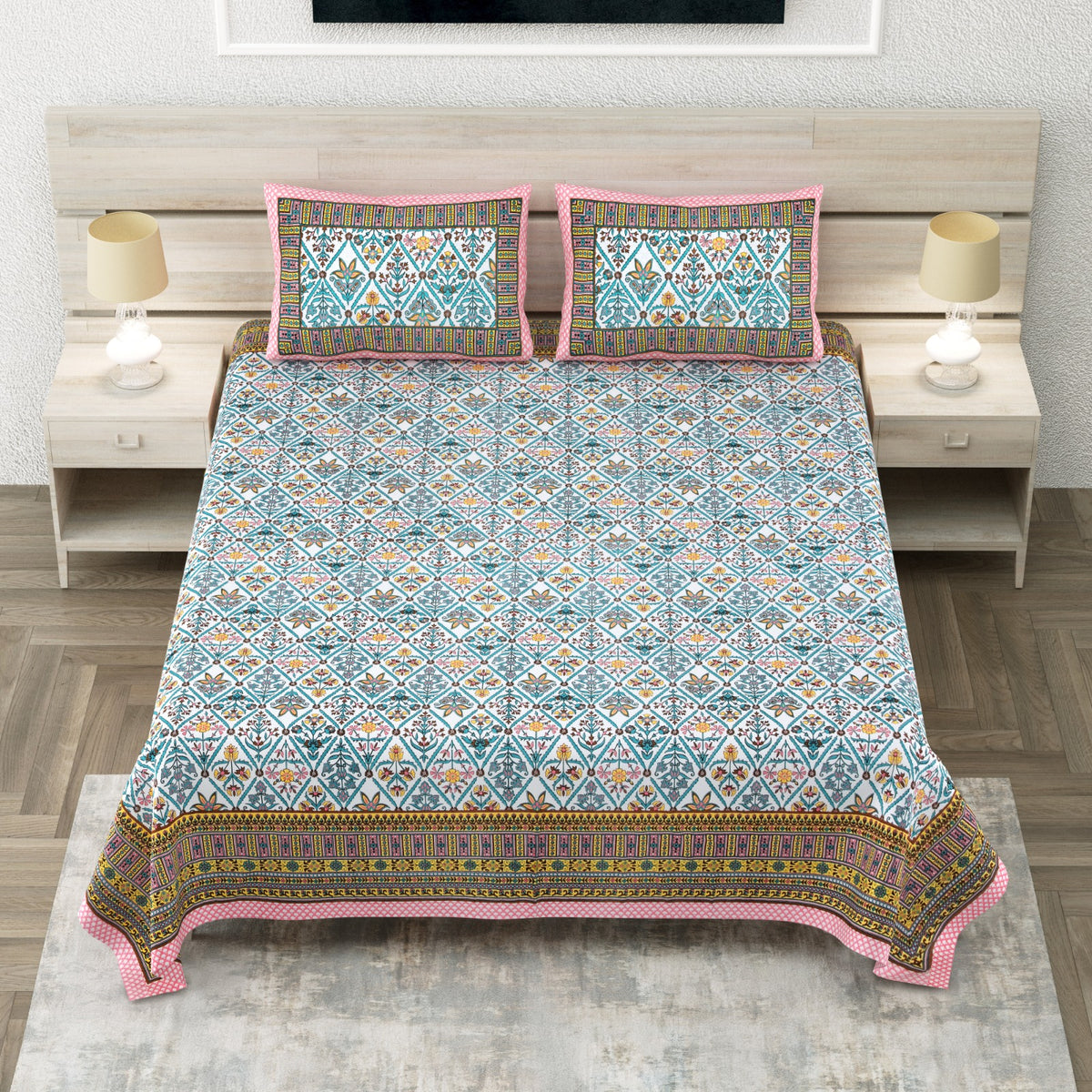 Avantika Blue Pink Border Floral Jaal Cotton King Bedsheet With 2 Pillow Covers Bedsheet 1Jlx3SdTGlRSjbjX8rG6CwglcjM3JuKIE_w2000