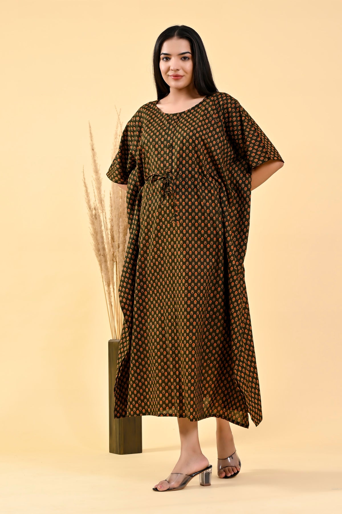 Brown Buta long kaftan – make to order wholesale