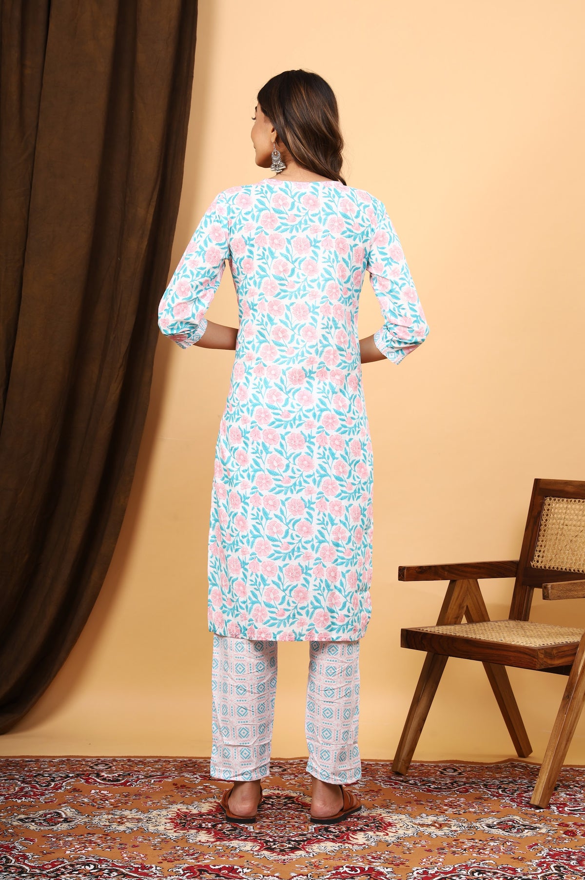 White Aqua Floral kurta pant dupatta set – make to order wholesale – view 2