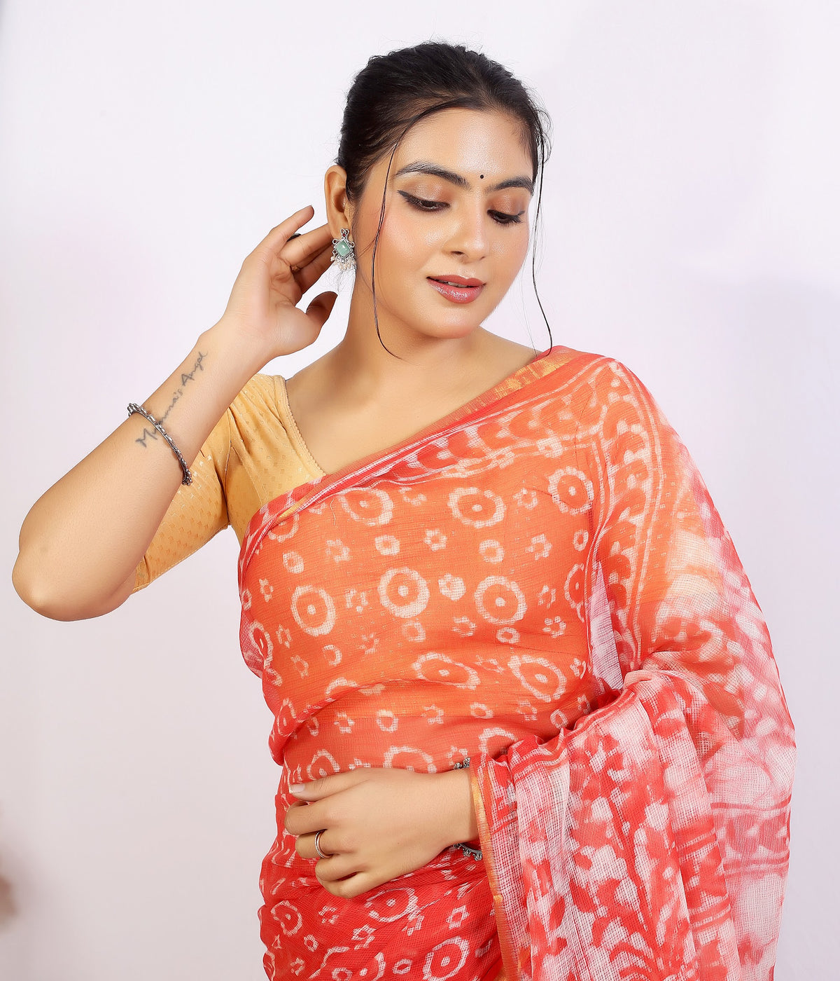 Orange Coral Jaal Kota Doria bagru hand block print saree with blouse – orange coral – wholesale Jaipur – view 2