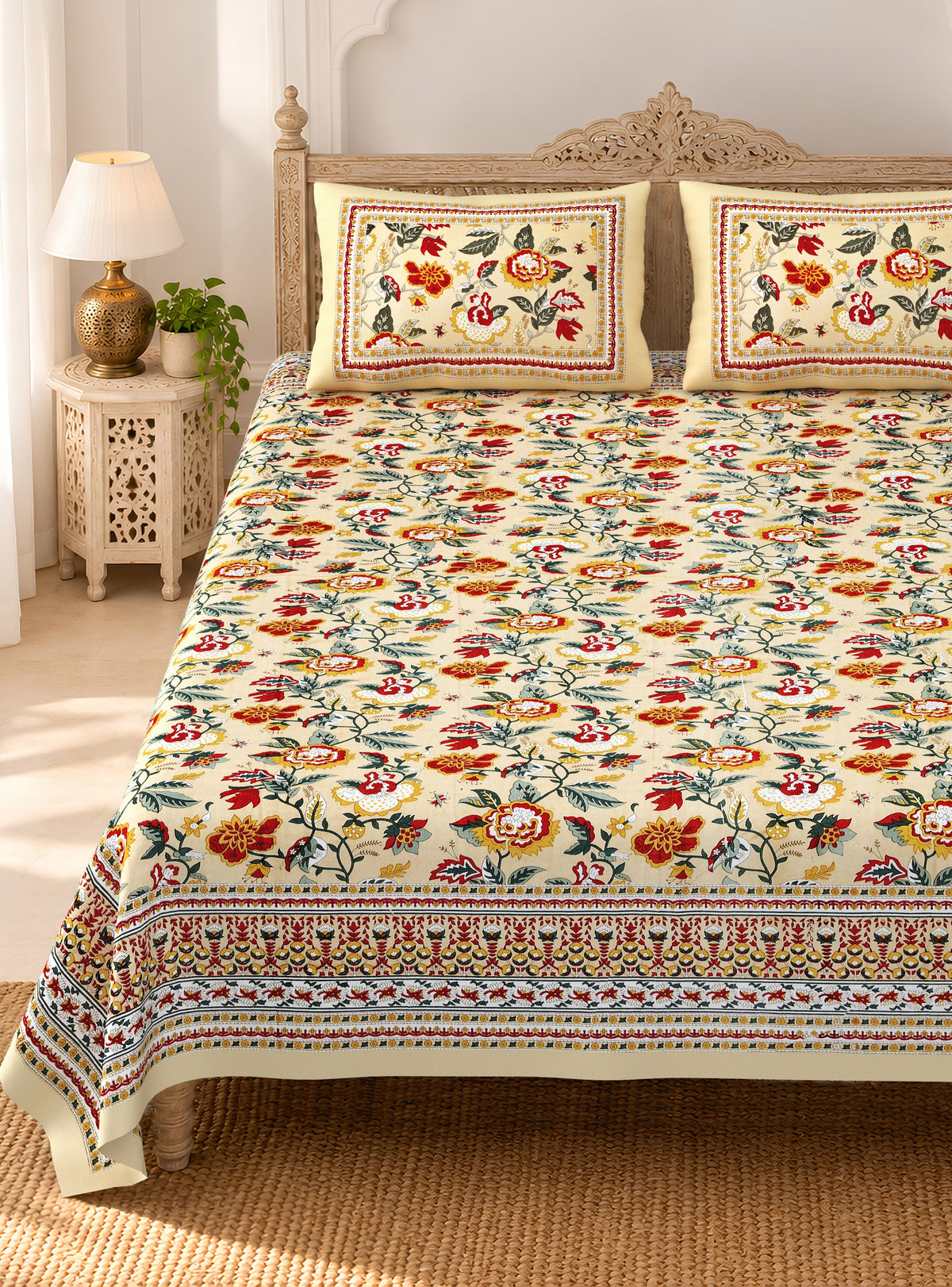 Cream Gulzar Floral pure cotton double bedsheet 90x108 – Unnati collection – view 2