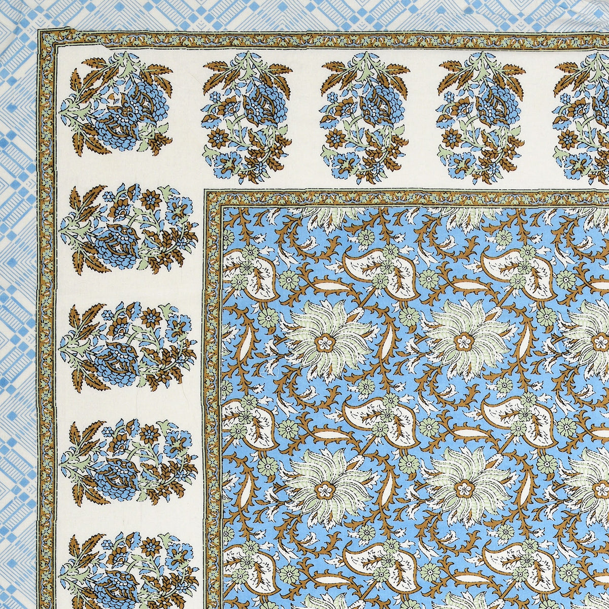 Elora Sage Blue Floral Jaal Murugan cotton single bedsheet 60x90 with pillow cover – sage and blue – wholesale Jaipur – view 3