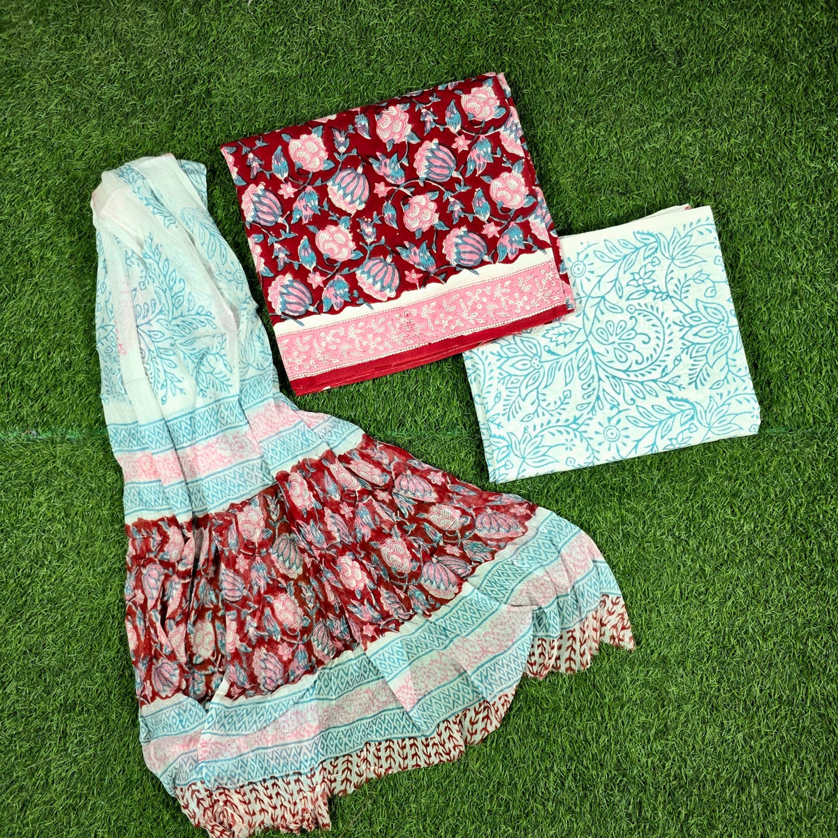 Gulnaar Red Aqua Floral Hand Block Print Cotton Suit with Chiffon Dupatta – Unstitched 3 Piece Suit Material 1KIRbIfO7cSPI2VxZxXBzljkqf56hcdrS_w2000