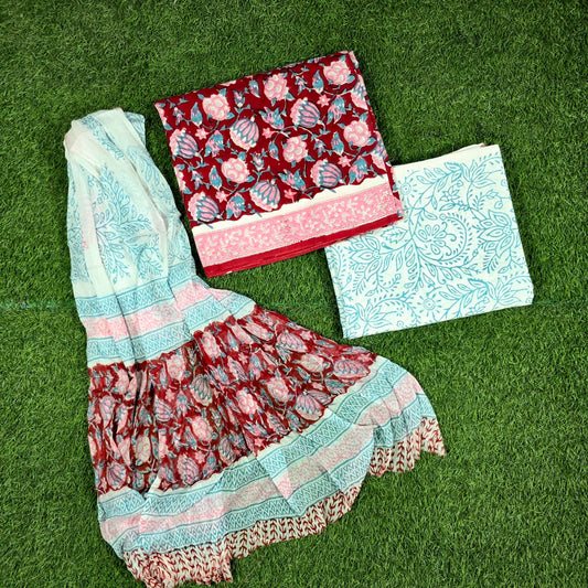 Gulnaar Red Aqua Floral Hand Block Print Cotton Suit with Chiffon Dupatta – Unstitched 3 Piece Suit Material 1KIRbIfO7cSPI2VxZxXBzljkqf56hcdrS_w2000