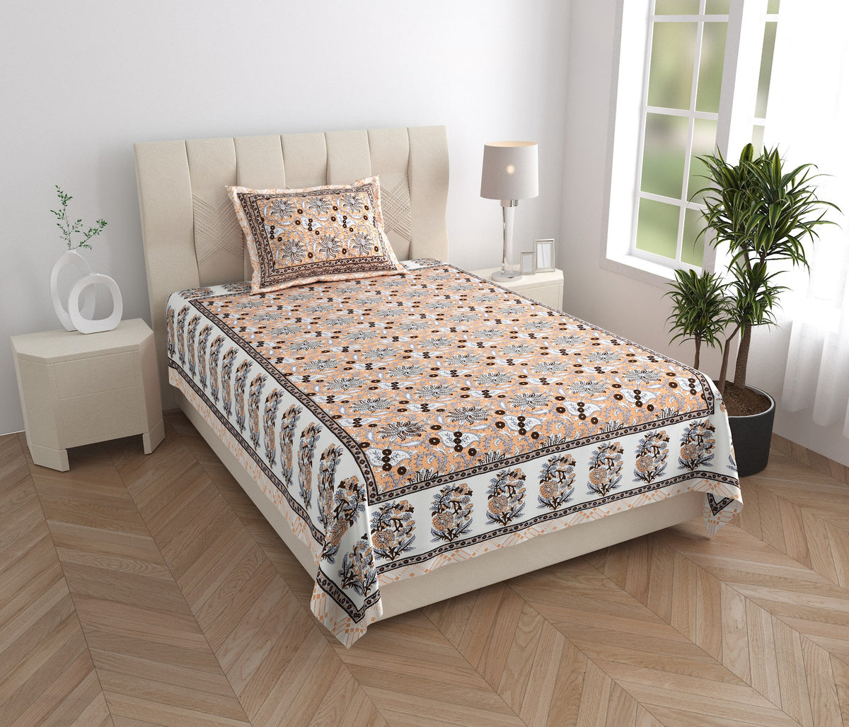 Elora Peach Kalamkari Floral Murugan cotton single bedsheet 60x90 with pillow cover – peach – wholesale Jaipur – view 5