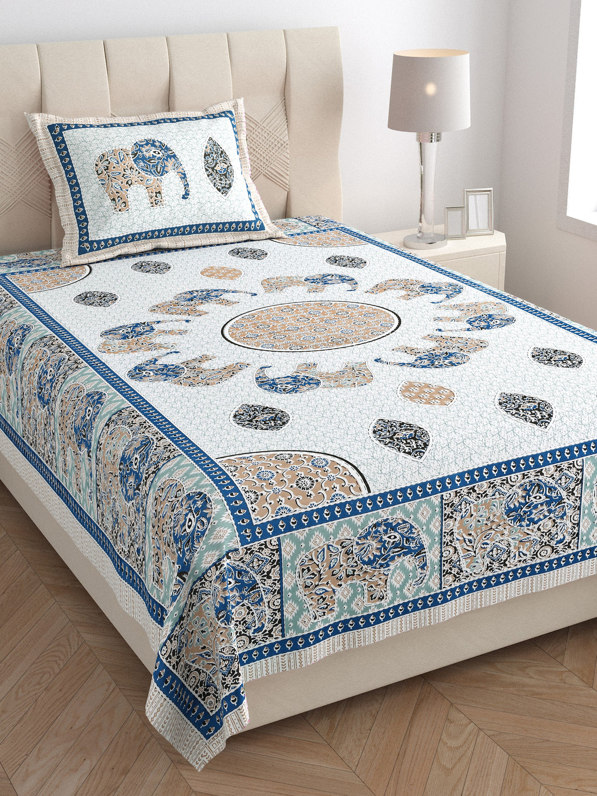 Elora Blue Elephant Mandala Murugan cotton single bedsheet 60x90 with pillow cover – blue – wholesale Jaipur