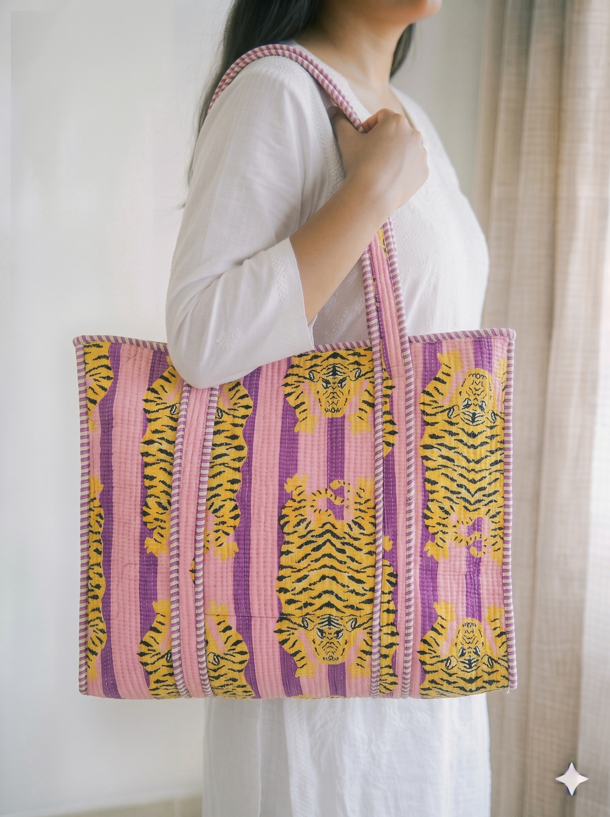Jaipuri Printed Quilted Cotton Tote Bag | Lilac Sher – Lilac Tiger Stripe | 18x18 inch | Zipper & Inside Pocket | Wholesale Tote Bag 1Kei5h1B_TQymOrrCxzdraBaqHYnKF24v_w2000