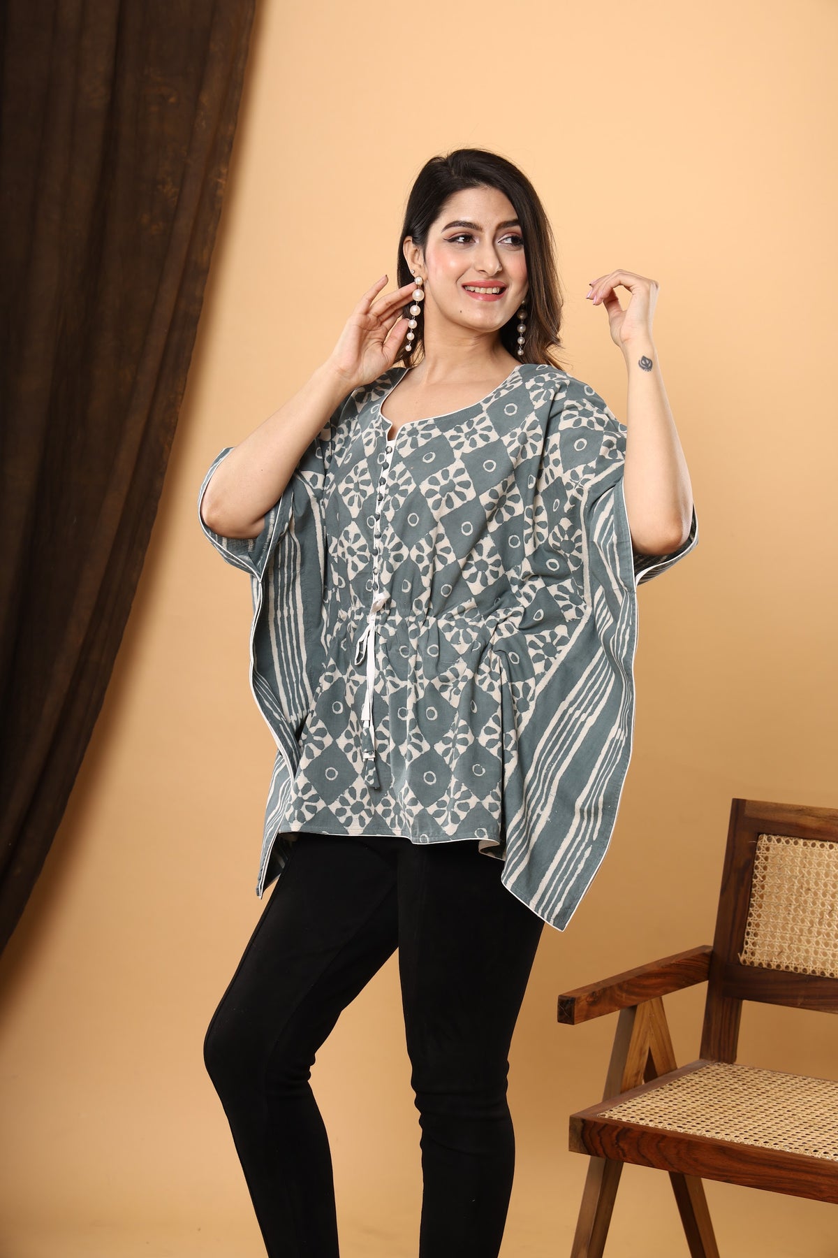 Grey Floral Stripe short kaftan top – make to order wholesale – view 3