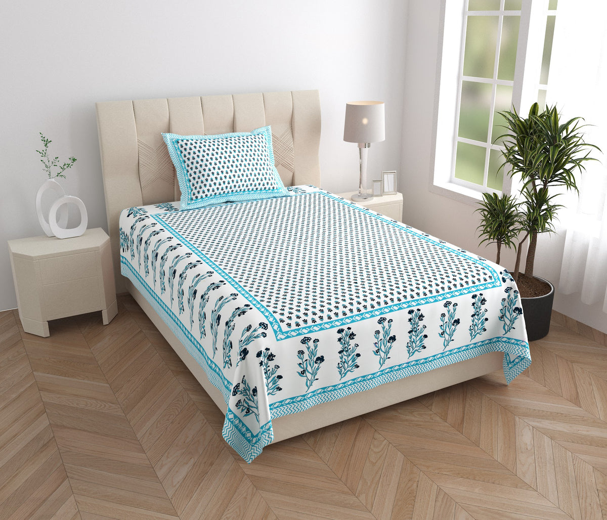 Elora Aqua Buti Border Murugan cotton single bedsheet 60x90 with pillow cover – aqua – wholesale Jaipur – view 5