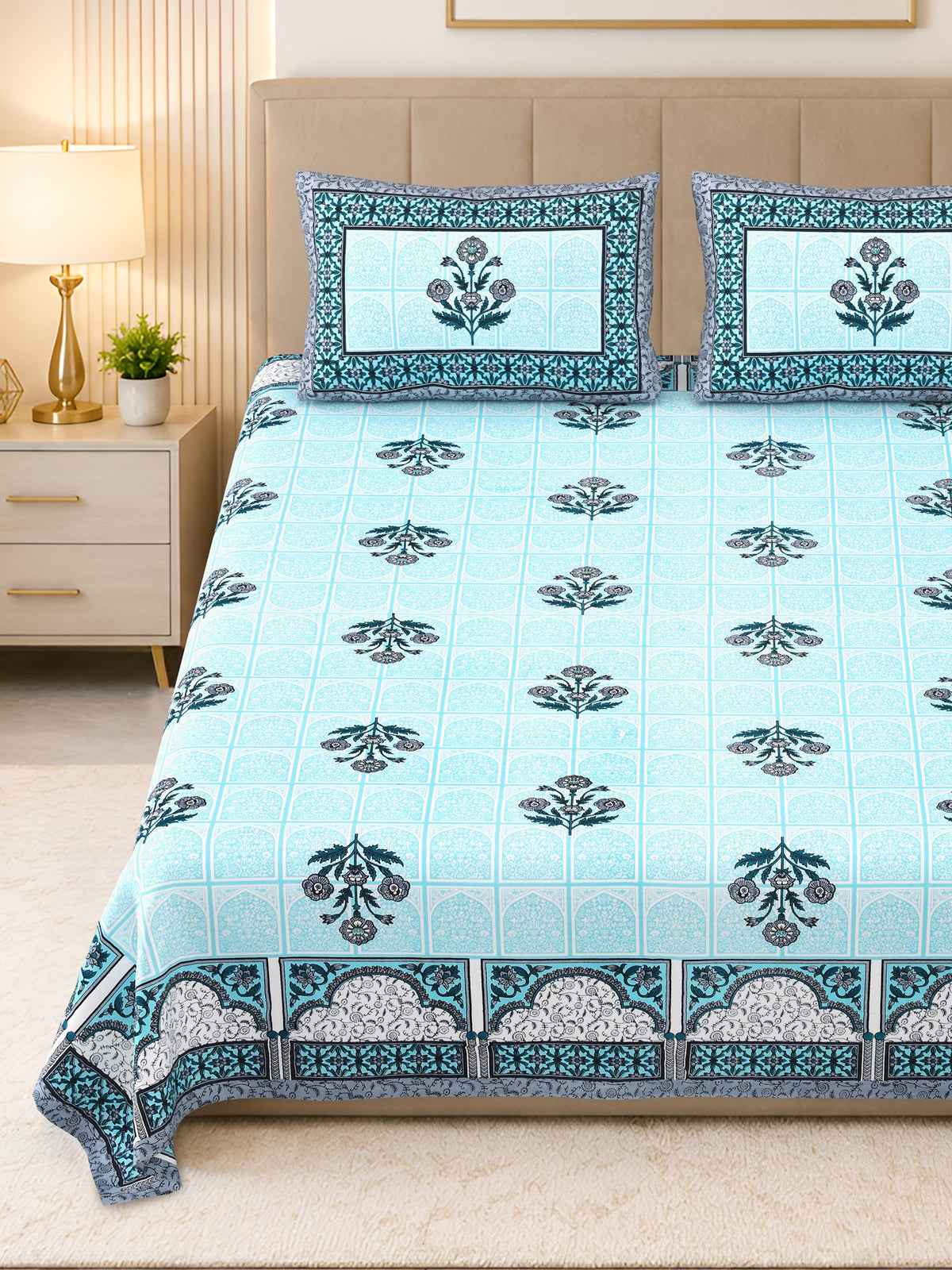 Kalashree Sky Blue Mughal Panel Premium Cotton Double Bedsheet 100x108 with 2 Pillow Covers Bedsheet 1LUwUnBddGxhbsBBlm5nyChy6t6IcGCi3_w2000
