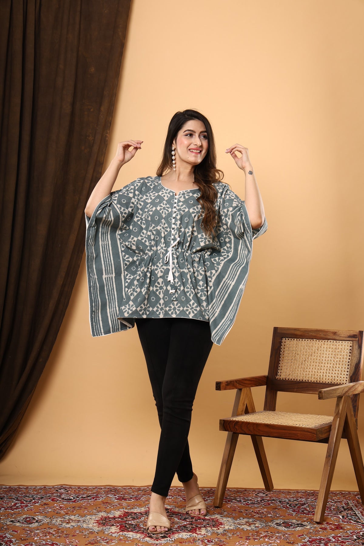 Grey Floral Stripe short kaftan top – make to order wholesale