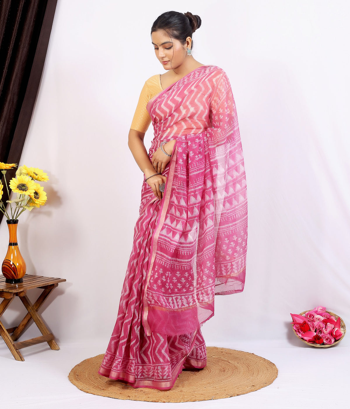 Pink Floral Buta Kota Doria bagru hand block print saree with blouse – pink – wholesale Jaipur – view 6