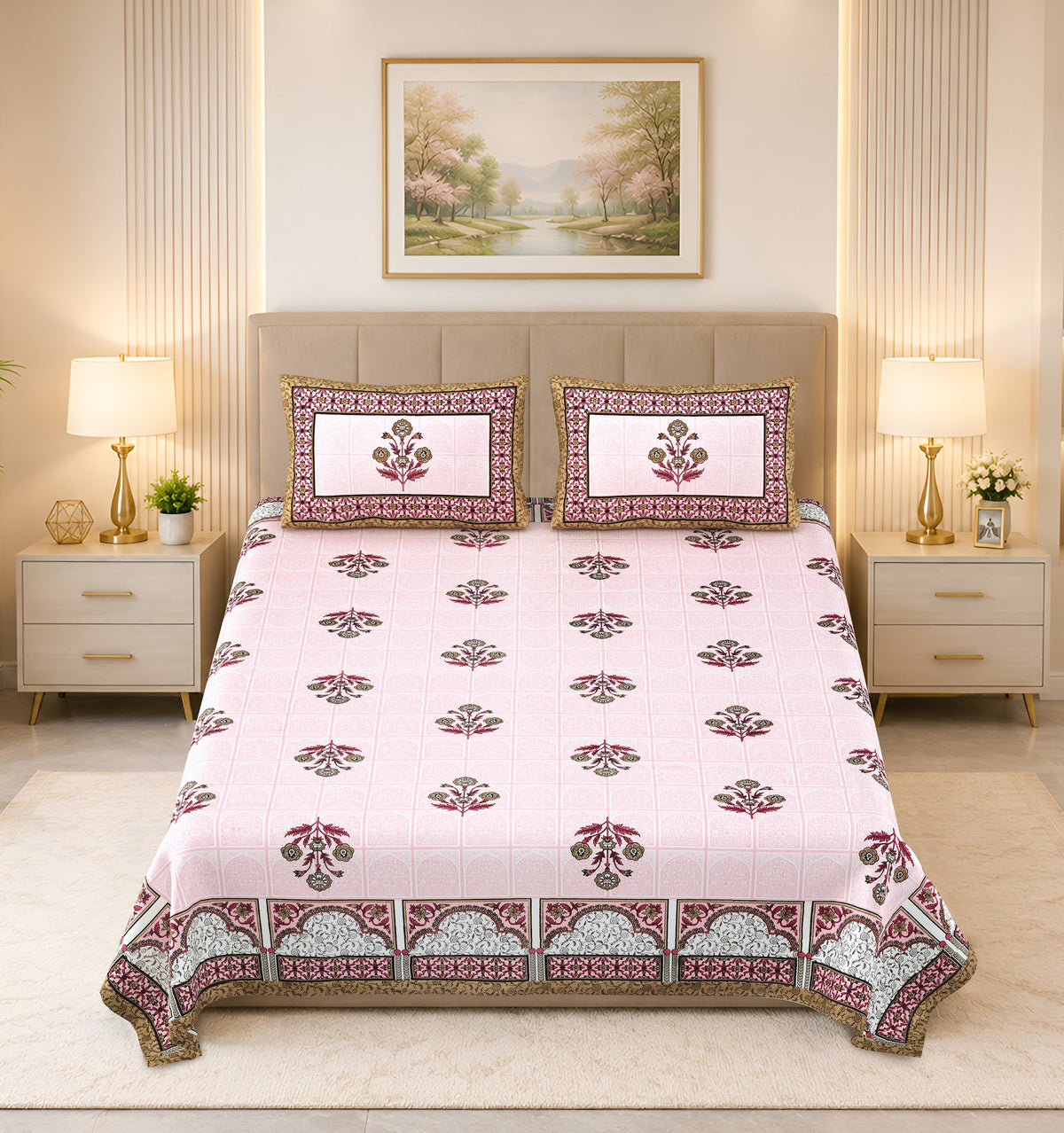 Kalashree Pink Mughal Panel premium cotton double bedsheet 100x108 with 2 pillow covers – pink and brown – wholesale Jaipur