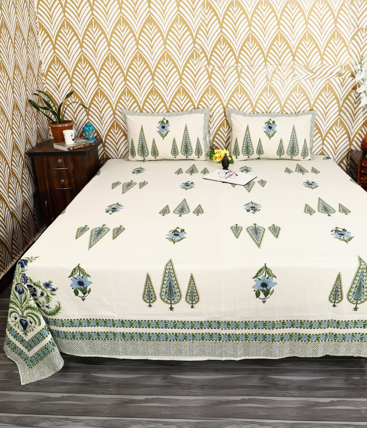 Prakriti Yuvraj Green Cypress Blue Flower Pure Cotton King Size Bedsheet 108x108 with 2 Pillow Covers Bedsheet 1Li3NChoxxuNGabH5oXK34GKMJL9voDGm_w2000