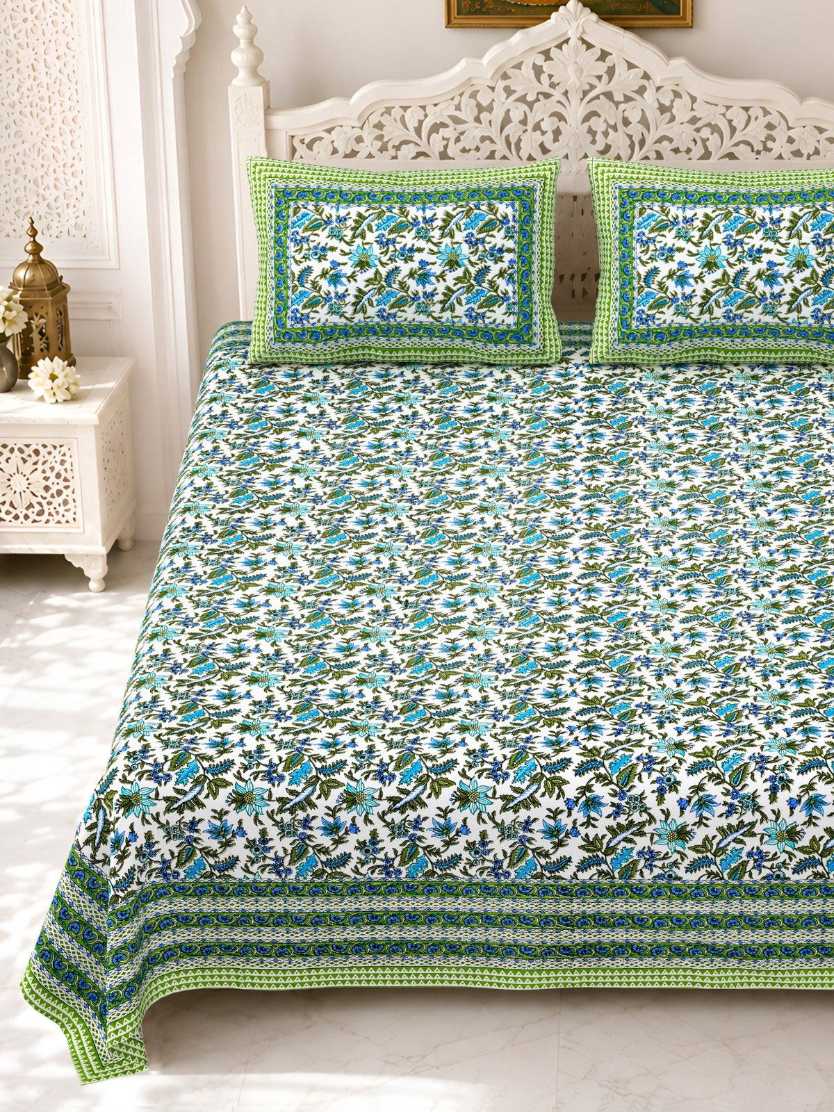 Premium Royal Block Green Floral Jaal Cotton Double Bedsheet 90x108 with 2 Pillow Covers Bedsheet 1M2-MPa4wS2OzbtAqmOWYIGeVqw8QQFil_w2000