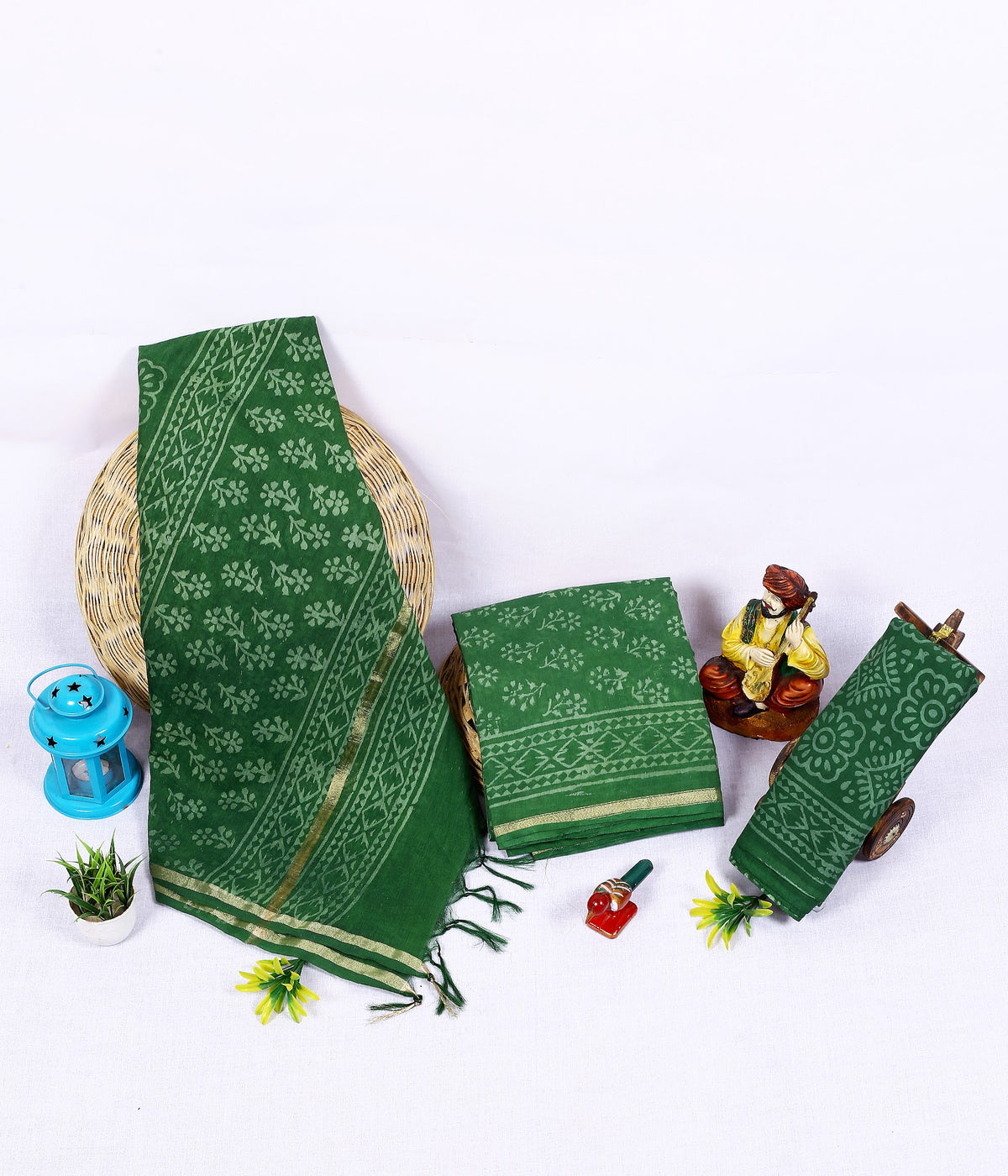 Gehra Hara Buta Forest Green Buta Chanderi silk hand block print suit material