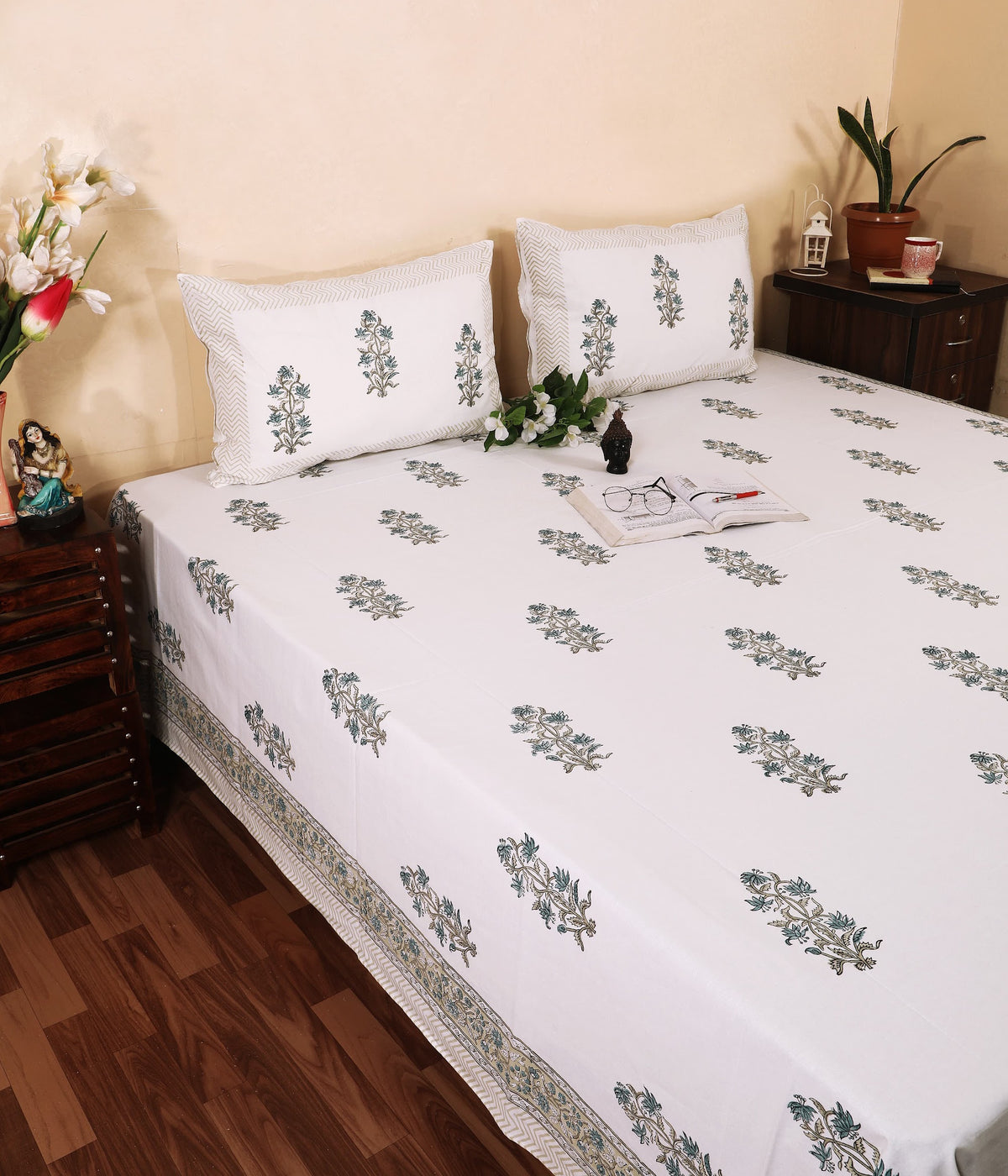 Ivory Bloom hand block printed Murugan cotton double bedsheet 95x108 with 2 pillow covers – sage grey – wholesale Jaipur – view 2