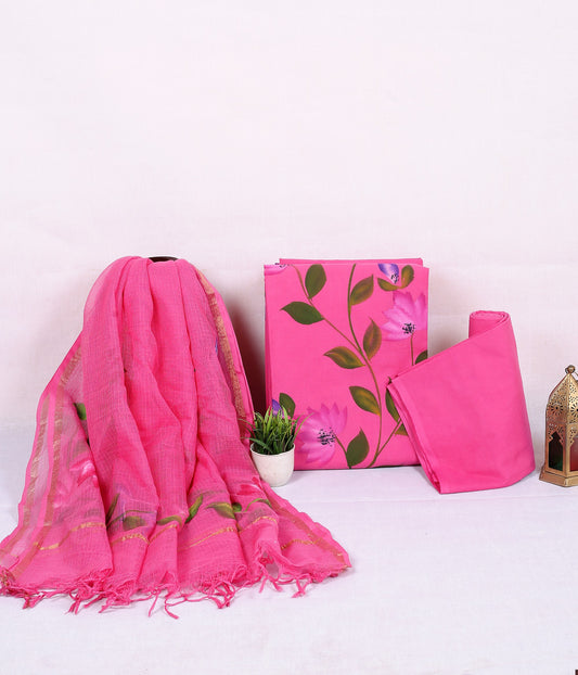 Rangeen Hot Pink Painted Floral Hand Block Print Cotton Suit with Hand-Painted Kota Doria Dupatta – Unstitched 3 Piece Suit Material 1MMZXPMEOPBPQ5HgmpbkjBMPGoTGLkdLK_w2000