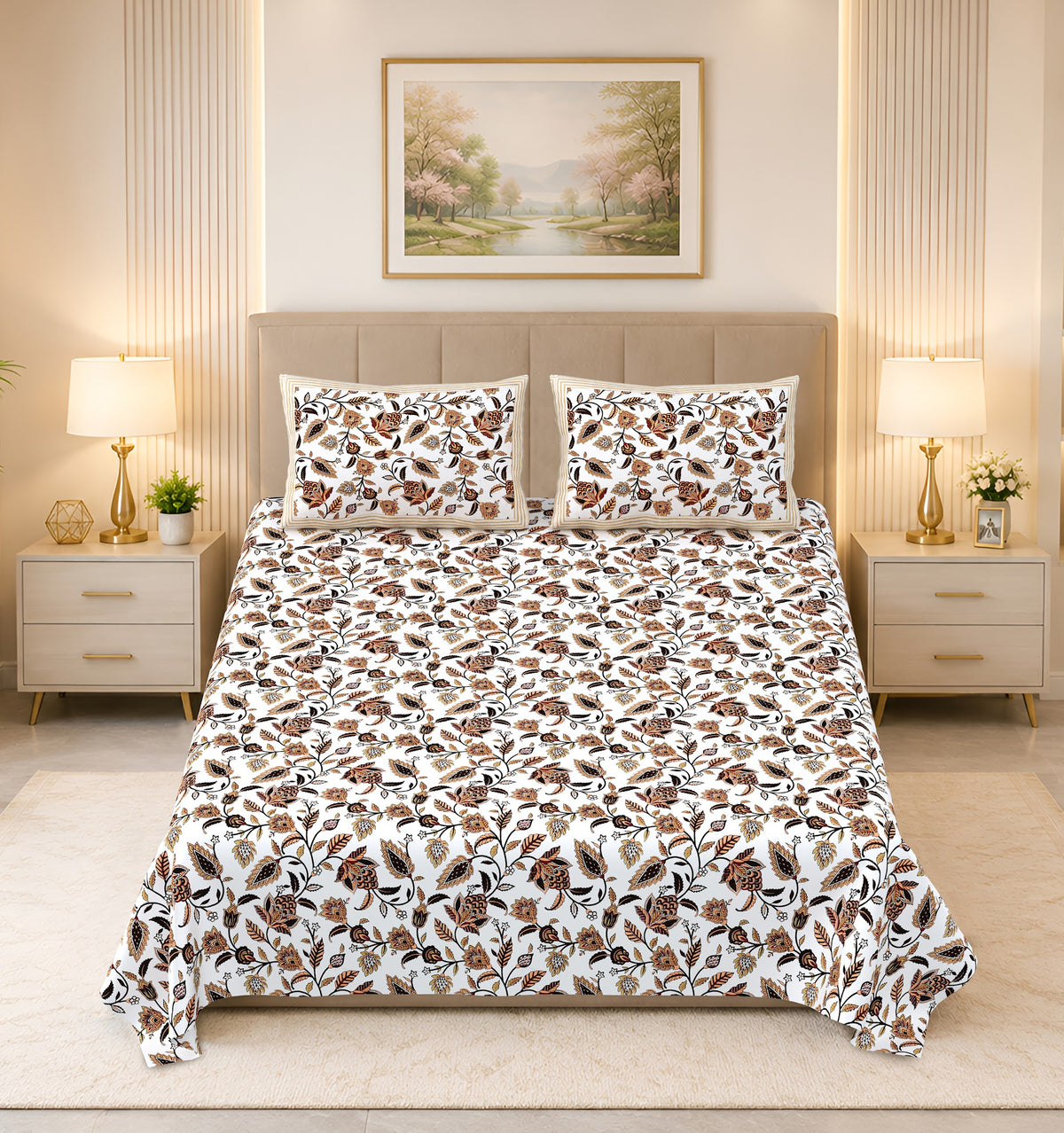 Kalashree Brown Floral Jaal premium cotton double bedsheet 100x108 with 2 pillow covers – brown and rust – wholesale Jaipur – view 4