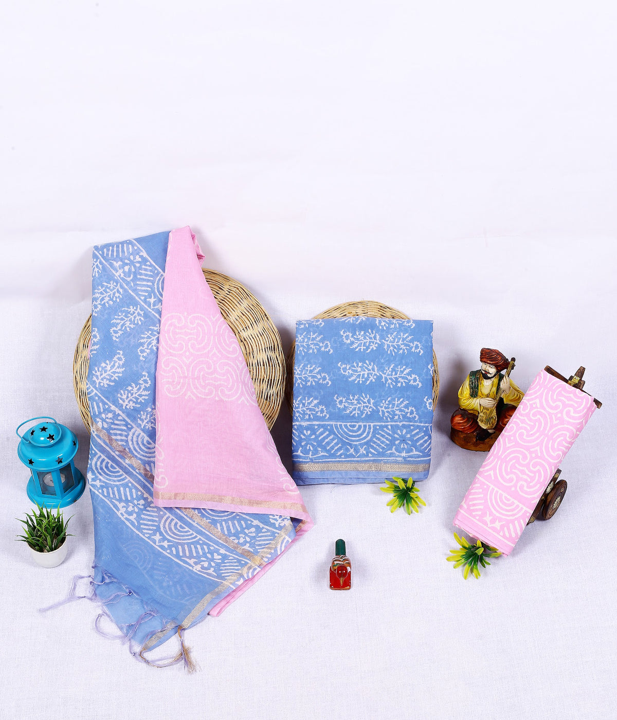 Neel Gulabi Phool Blue Pink Floral Chanderi silk hand block print suit material