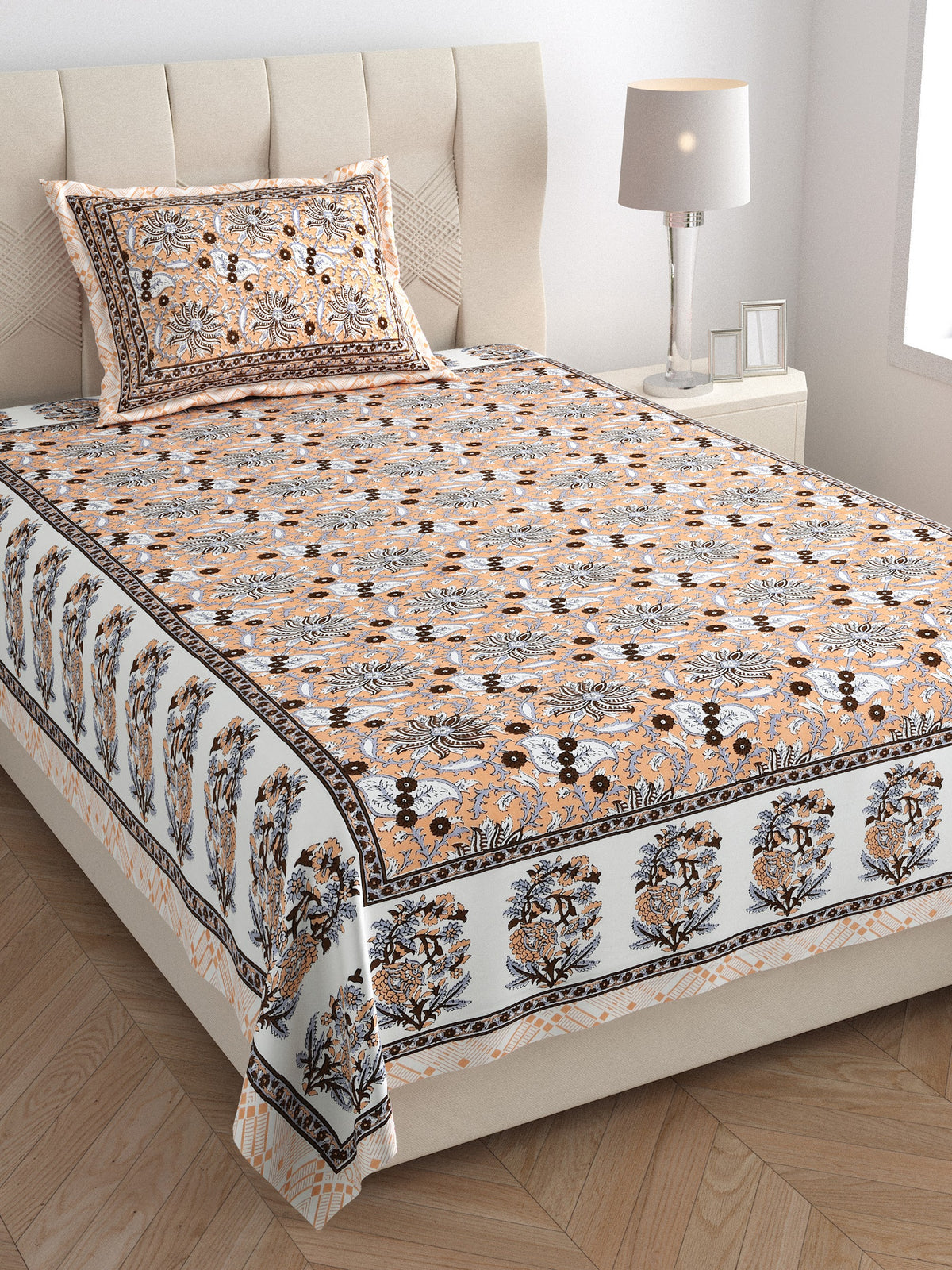 Elora Peach Kalamkari Floral Murugan cotton single bedsheet 60x90 with pillow cover – peach – wholesale Jaipur