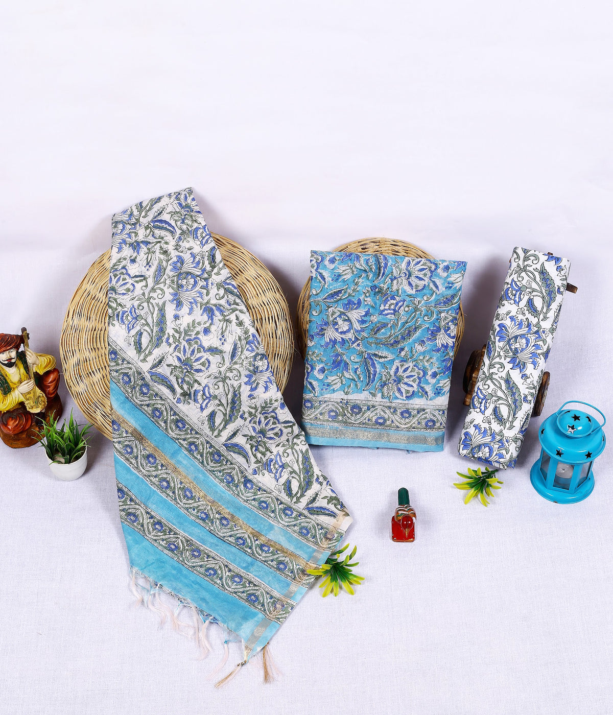 Aasmani Phool Jaal Sky Blue Floral Jaal Chanderi silk hand block print suit material