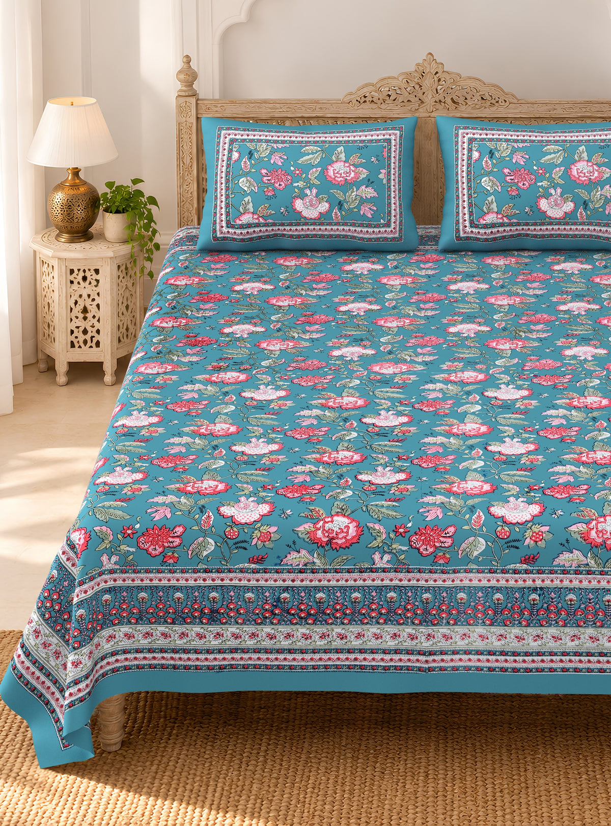 Teal Pink Gulzar Floral pure cotton double bedsheet 90x108 – Unnati collection – view 2