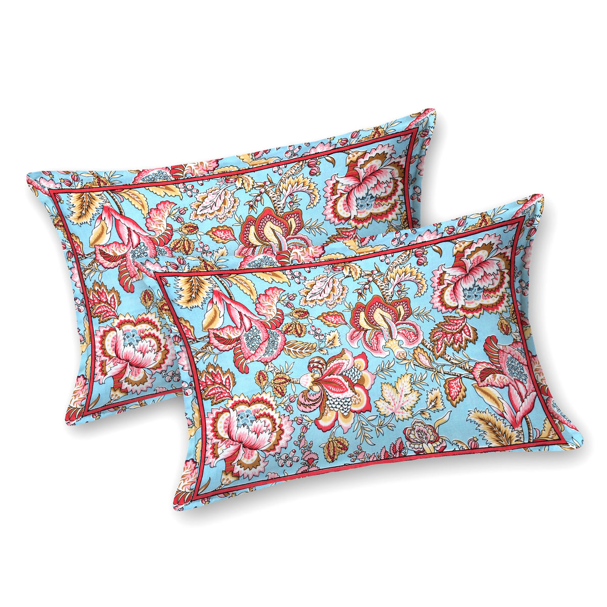 Kalashree Aqua Kalamkari Floral premium cotton double bedsheet 100x108 with 2 pillow covers – aqua and red – wholesale Jaipur – view 2