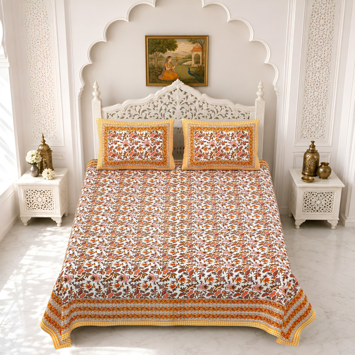 Premium Royal Block Orange Floral Jaal Cotton Double Bedsheet 90x108 with 2 Pillow Covers Bedsheet 1MkCt09uOlDafGPUgBHYN3f3ISr6_zhCx_w2000