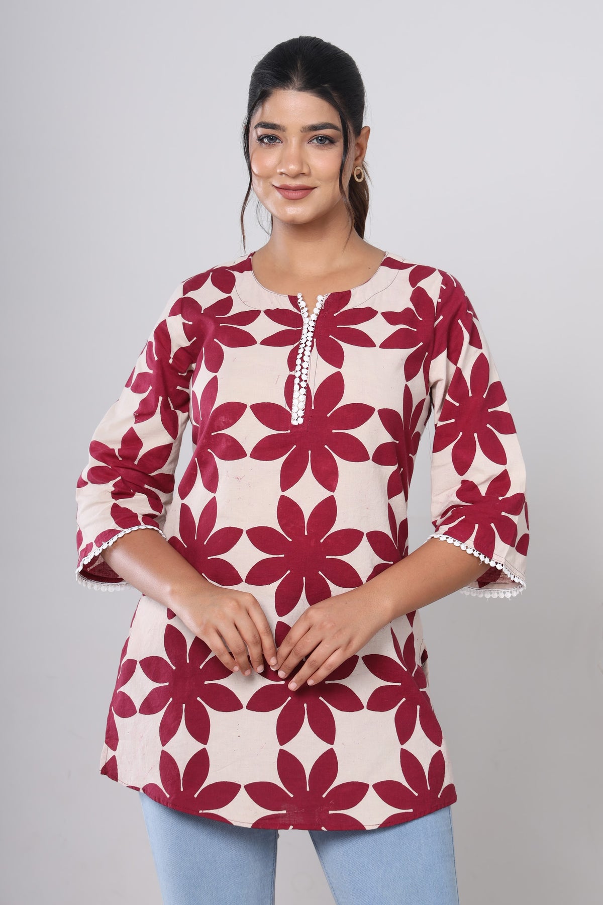 Hand Block Printed Cotton Short Kurti – Maroon Star Flower (Make to Order) Ready to Wear 1My1qPtLEZi1Jes05wqshJQFejzqxVWnl_w2000
