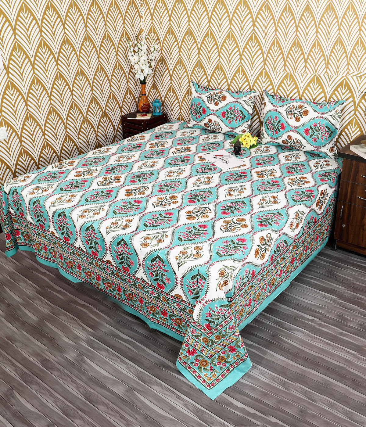 Bagru Mahal Teal Mughal Arch Cotton King Size Bedsheet 108x108 with 2 Pillow Covers Bedsheet 1N0Stcnp2NxZRFVRx3j3IjGFNpLSHqqfM_w2000