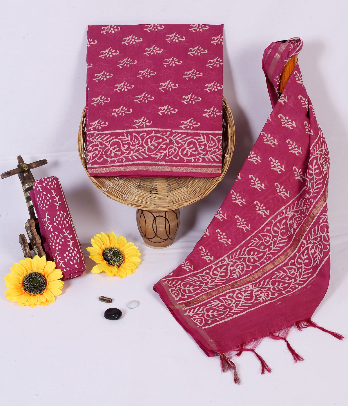 Rasbhari Buta Raspberry Buta Chanderi silk hand block print suit material