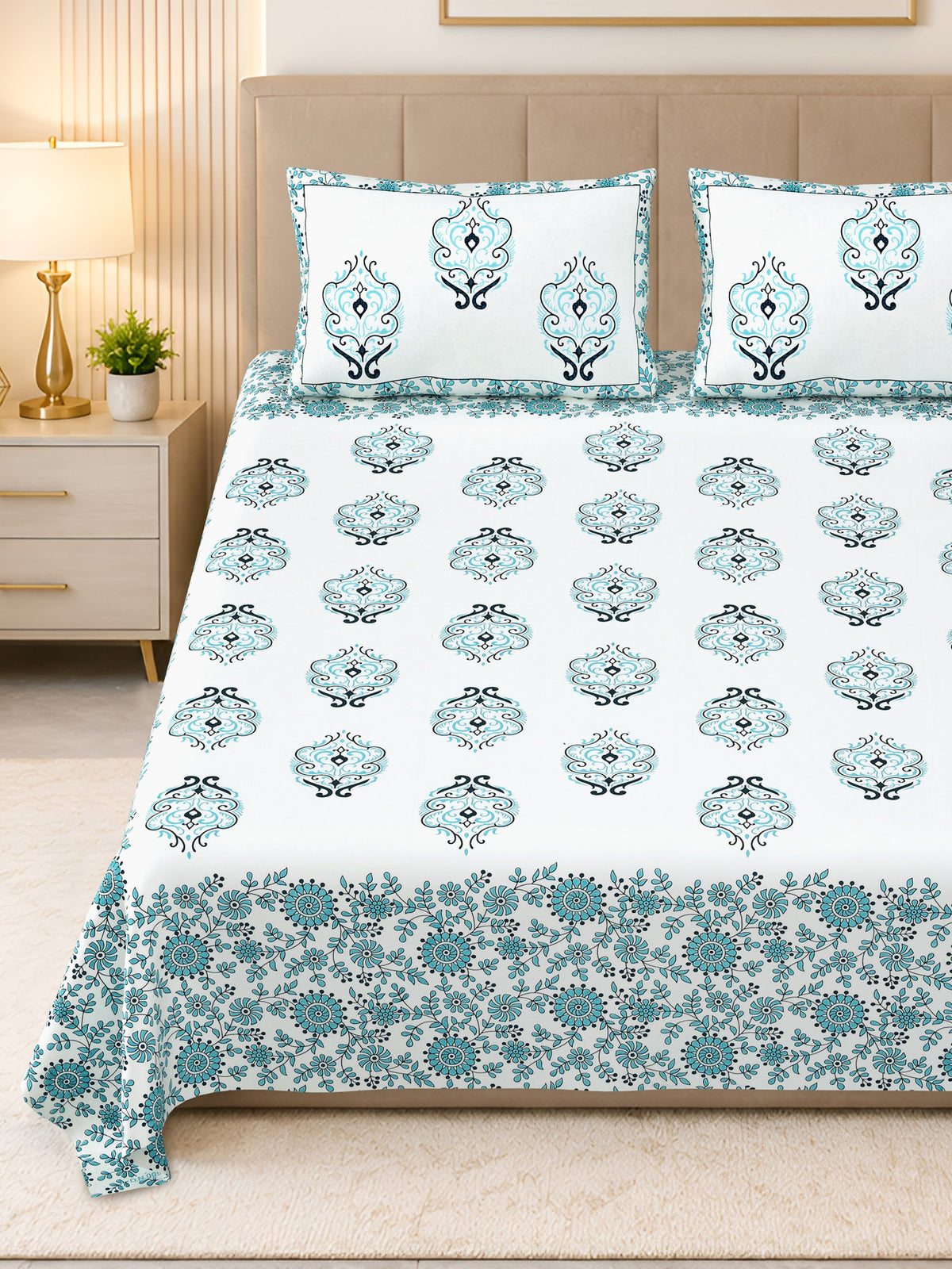 Kalashree Aqua Paisley Border premium cotton double bedsheet 100x108 with 2 pillow covers – aqua – wholesale Jaipur – view 3