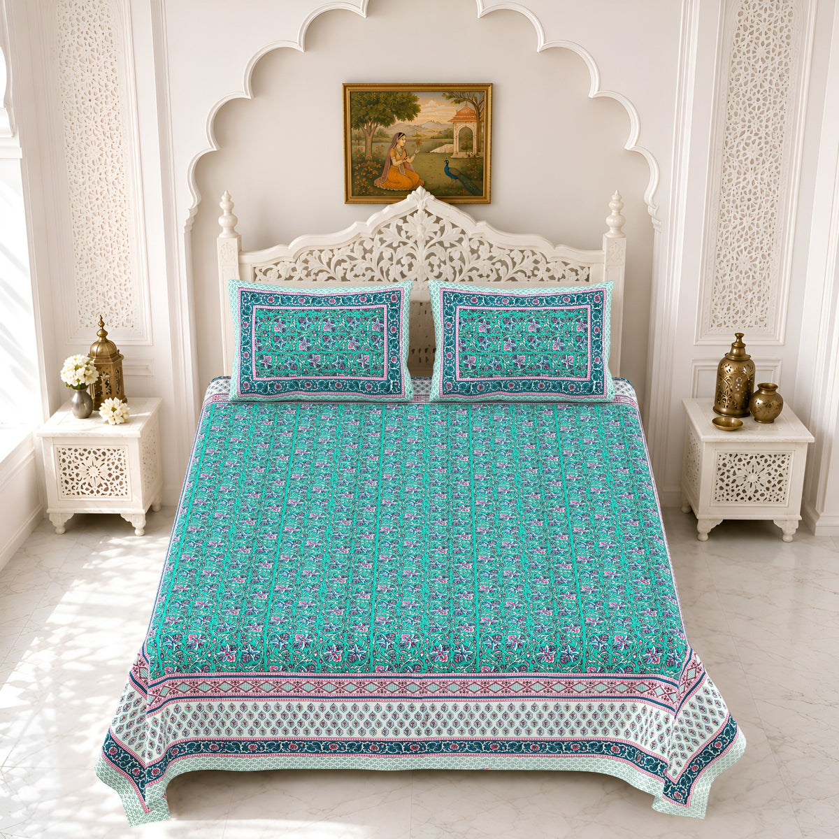 Premium Royal Block Aqua Floral Border Cotton Double Bedsheet 90x108 with 2 Pillow Covers Bedsheet 1NvKSbl653XX8sydT1FAaAM022_W000vC_w2000