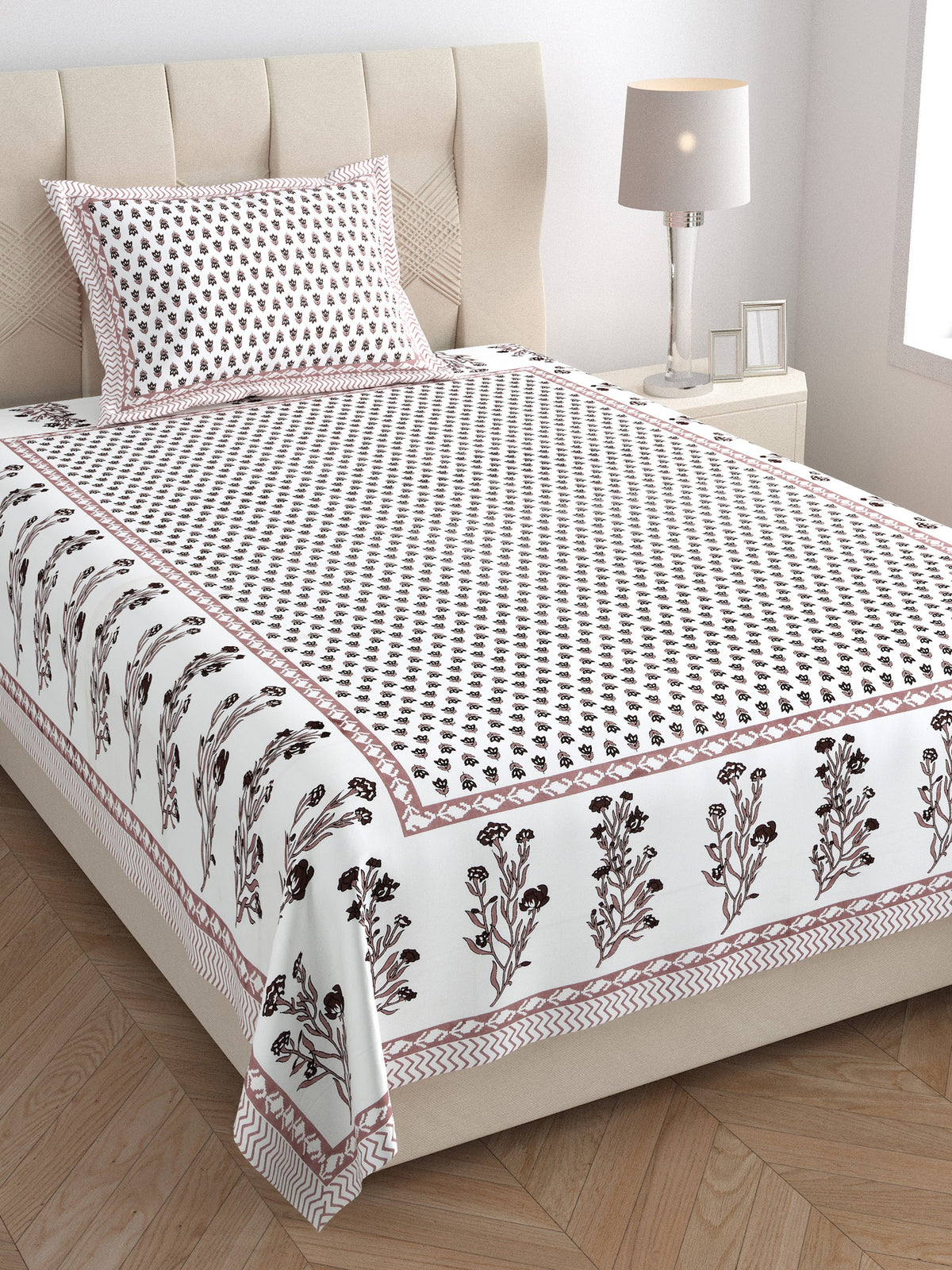 Elora Mauve Grey Buti Border Murugan cotton single bedsheet 60x90 with pillow cover – mauve grey – wholesale Jaipur