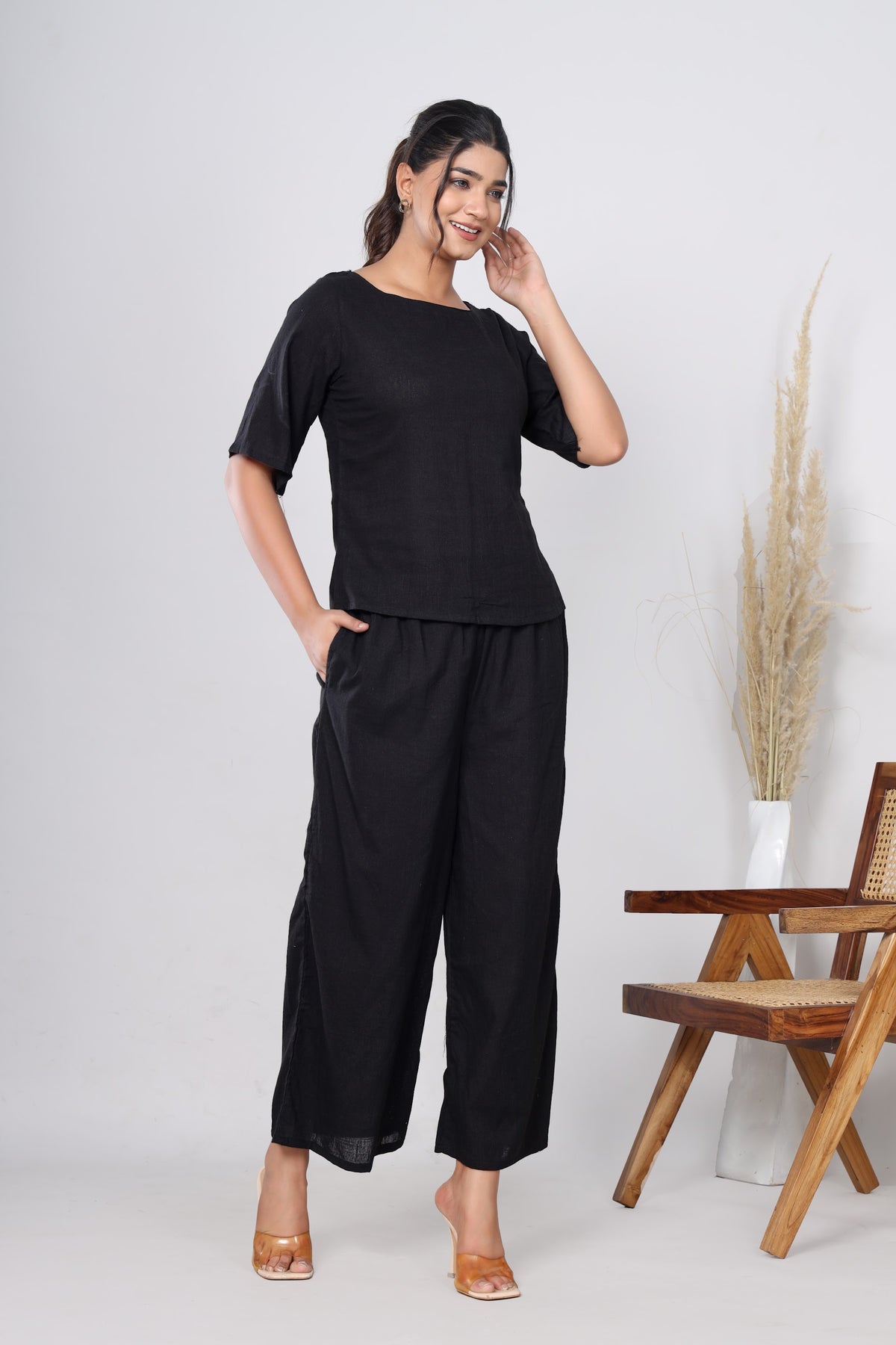 Solid Textured Cotton Co-ord Set – Top & Wide Pant – Black (Make to Order) Ready to Wear 1OGW7QtzpYzldayZEzhpjywG7JyEFakHo_w2000
