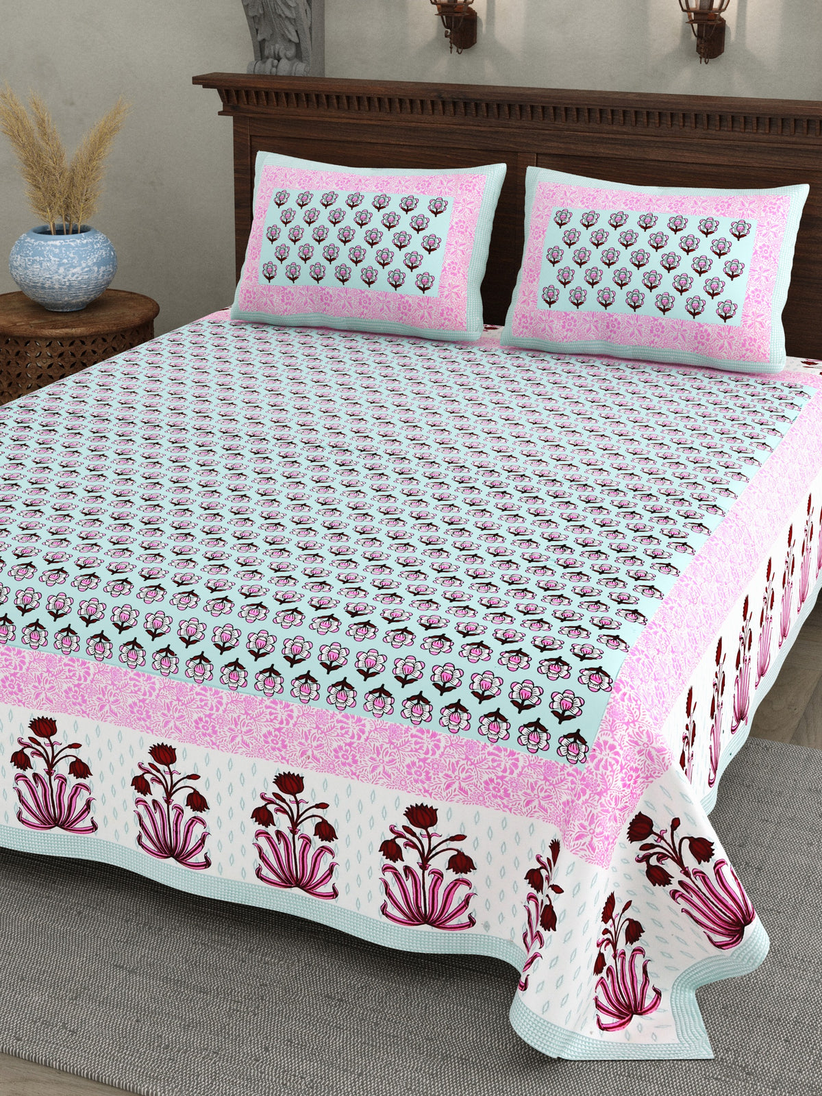 Gulabi Pink Flower Pot Border Cotton Double Bedsheet 90x108 with 2 Pillow Covers Bedsheet 1OISM15ToZ7HNQc2ww3H_rJpNPJSP-iXd_w2000