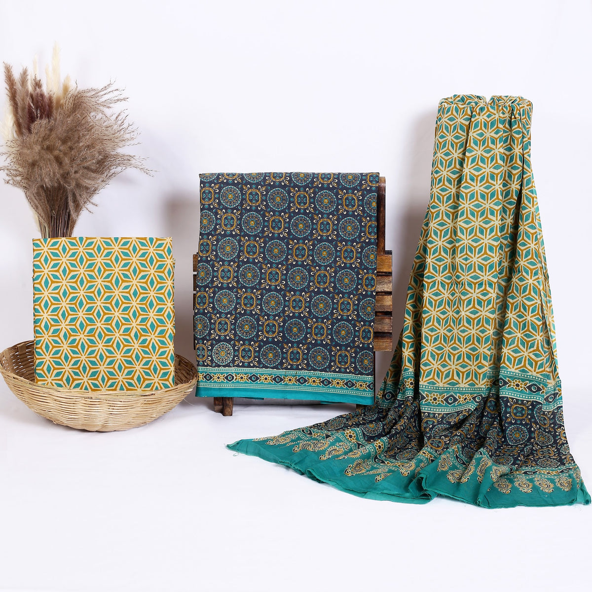 Hand Block Print Cotton Suit Material with Mulmul Dupatta | Neel Haveli Jaal – Indigo Tile Jaal | Indigo, Mint & Sea Green | Wholesale Suit Material 1OJZe21dybIU_cW4KiODLSa9XY7hVs0T2_w2000